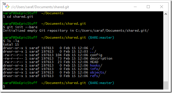 command prompt showing creating and viewing contents of a bare git repo