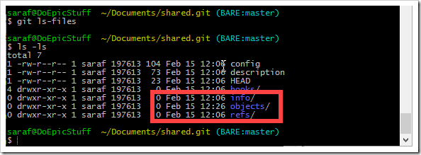command prompt exploring contents of shared.git