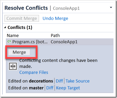 Merge button for a conflicting file
