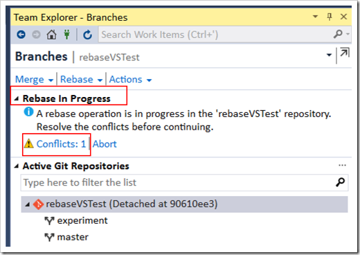 conflicts message in Team Explorer