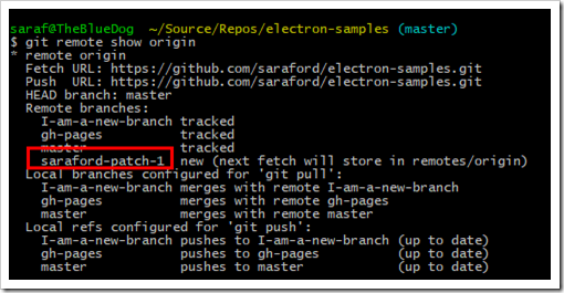 git remote show origin showing saraford-patch-1 as a new remote branch